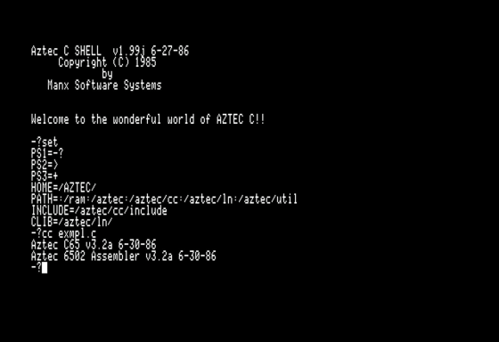 With the loader in front. HOME is /AZTEC/ and cc comes back to the prompt.