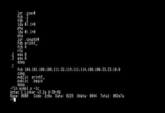 Tail of the generated asm for hello world, then the link. 11,898 bytes total.