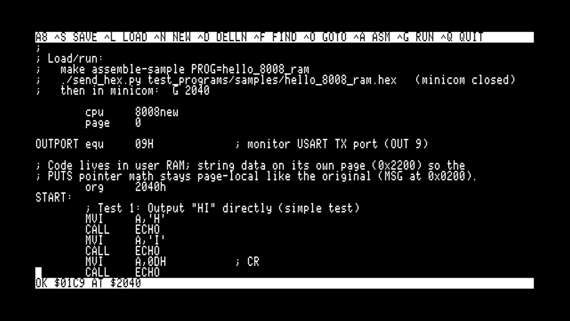 A8 after ^A on HELLO8R.ASM, the verbatim upstream ASL source in 8008new syntax. The status row reports OK $01C9 AT $2040: 457 bytes of object at the ORG, the same size as the ASL reference. ^G streams it into the card.