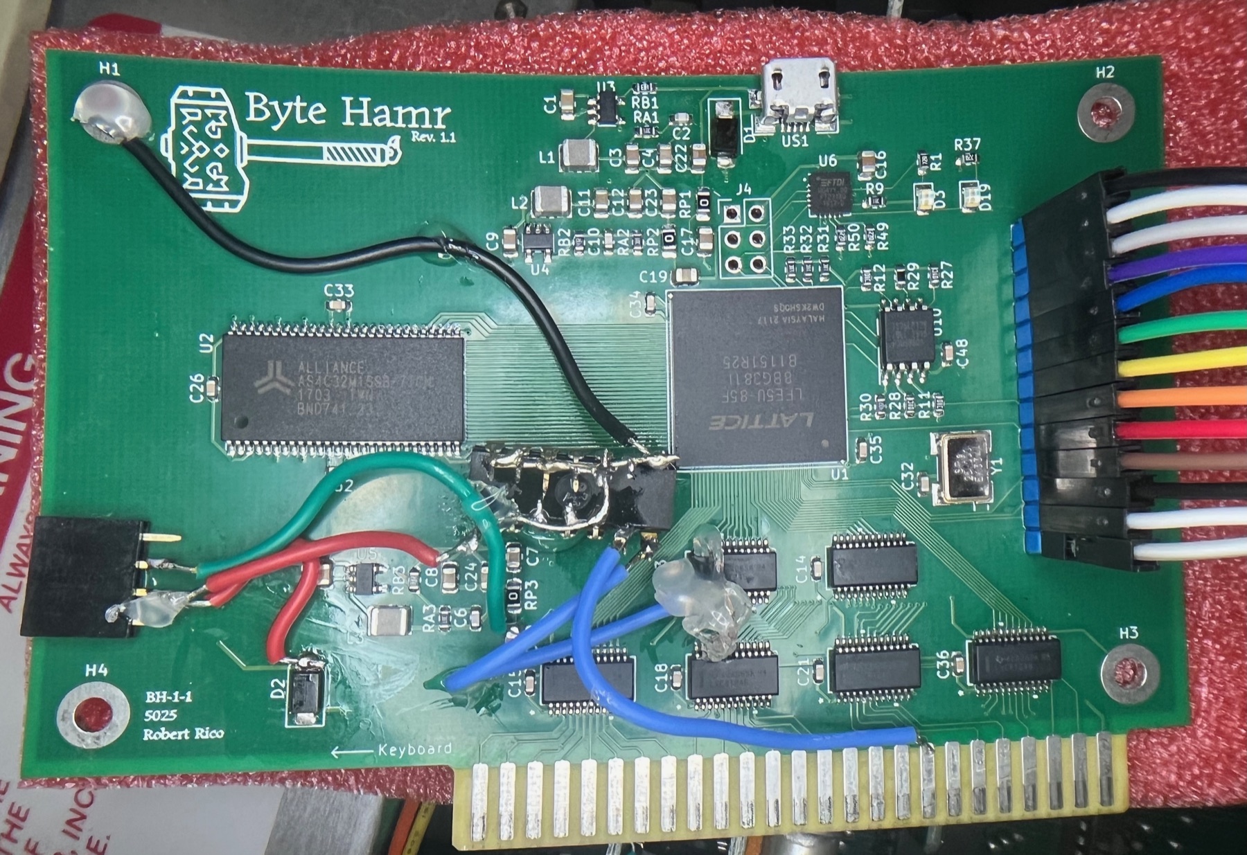 Bodge Hamr. The dead-bugged 74F04 and the wiring that made read and write cycles work.