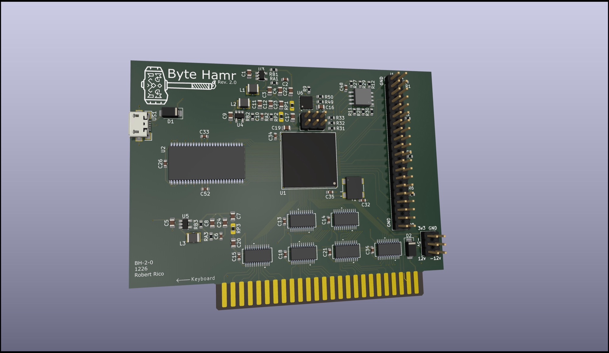 Byte Hamr Rev 2.0, KiCad render. ECP5-85F in the centre, 64 MB SDRAM to its left, six 74LVC8T245 level shifters along the bottom above the slot edge, 20-pin GPIO header and the power breakout on the right.
