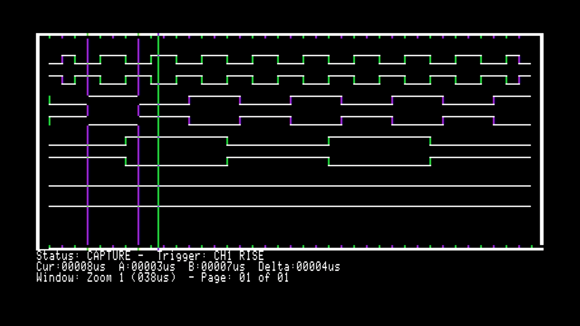 Zoom 1, a 38 us window, A and B markers on one pulse. Delta reads 4 us.