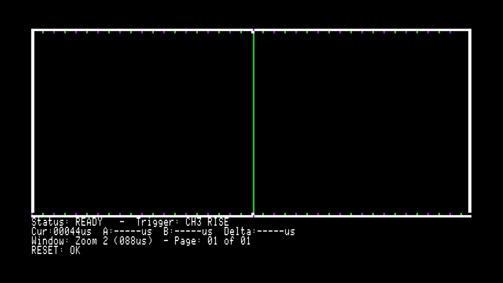 Empty state. Borders drawn, status line live, trigger set to CH3 rising, no capture yet.