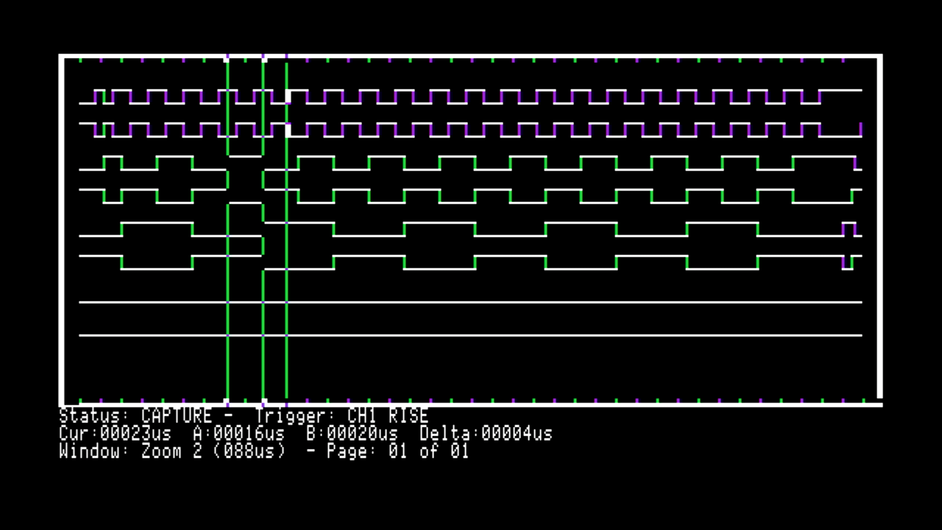 Zoom 2, an 88 us window, with A and B markers dropped and the delta in the status line.