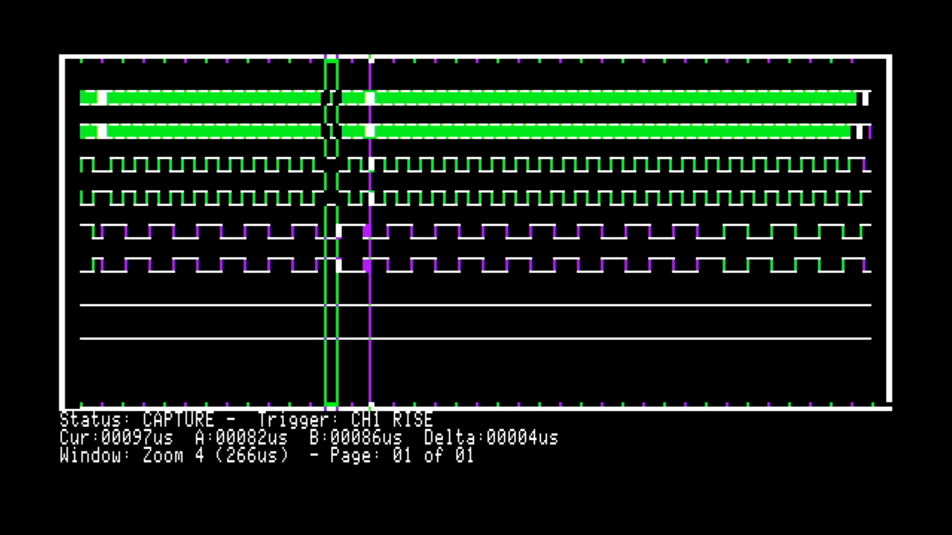 Zoom 4, a 266 us window. The 500 kHz channels at the top are too dense to resolve at this zoom.
