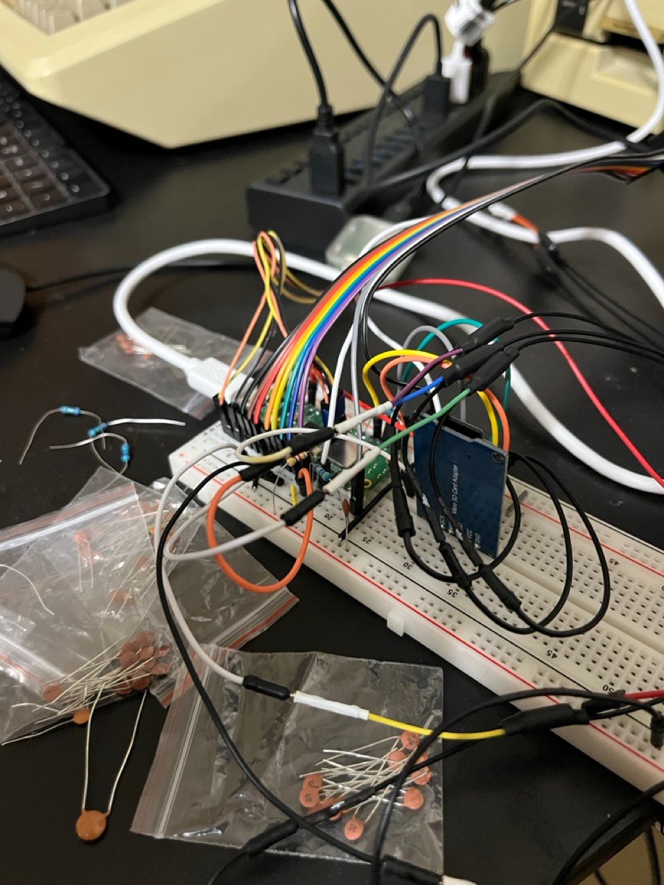 The whole rig. The bags of capacitors are the signal integrity work in progress.