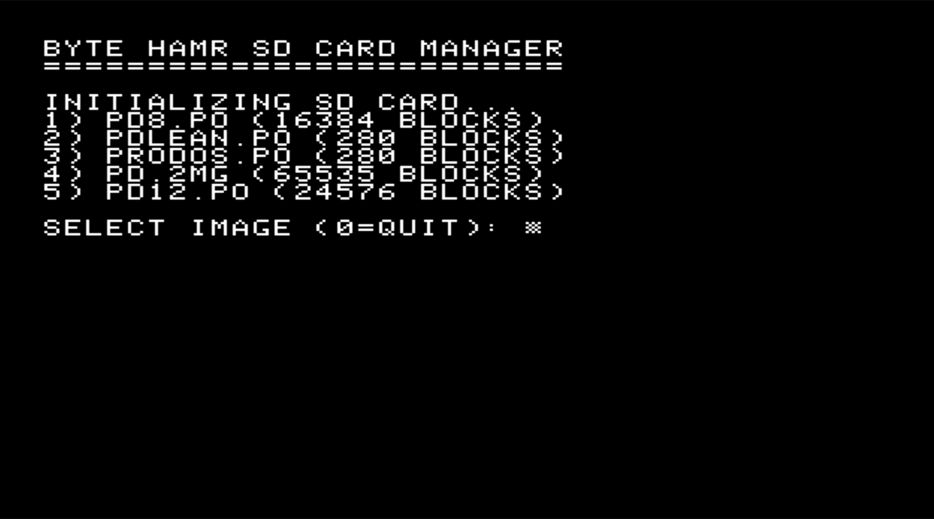 The picker in the slot ROM, listing the .PO and .2MG images on the card with their block counts.
