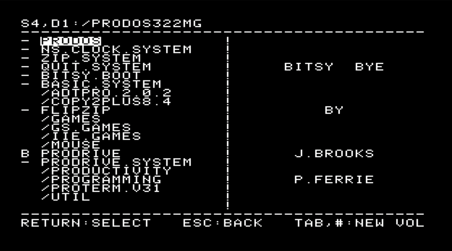 Bitsy Bye on a 32 MB ProDOS volume served from the SD card.