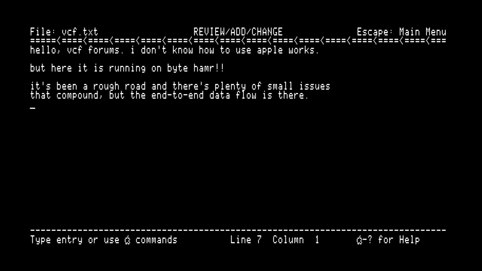 AppleWorks running from a FujiNet volume, saving a file back through the card.