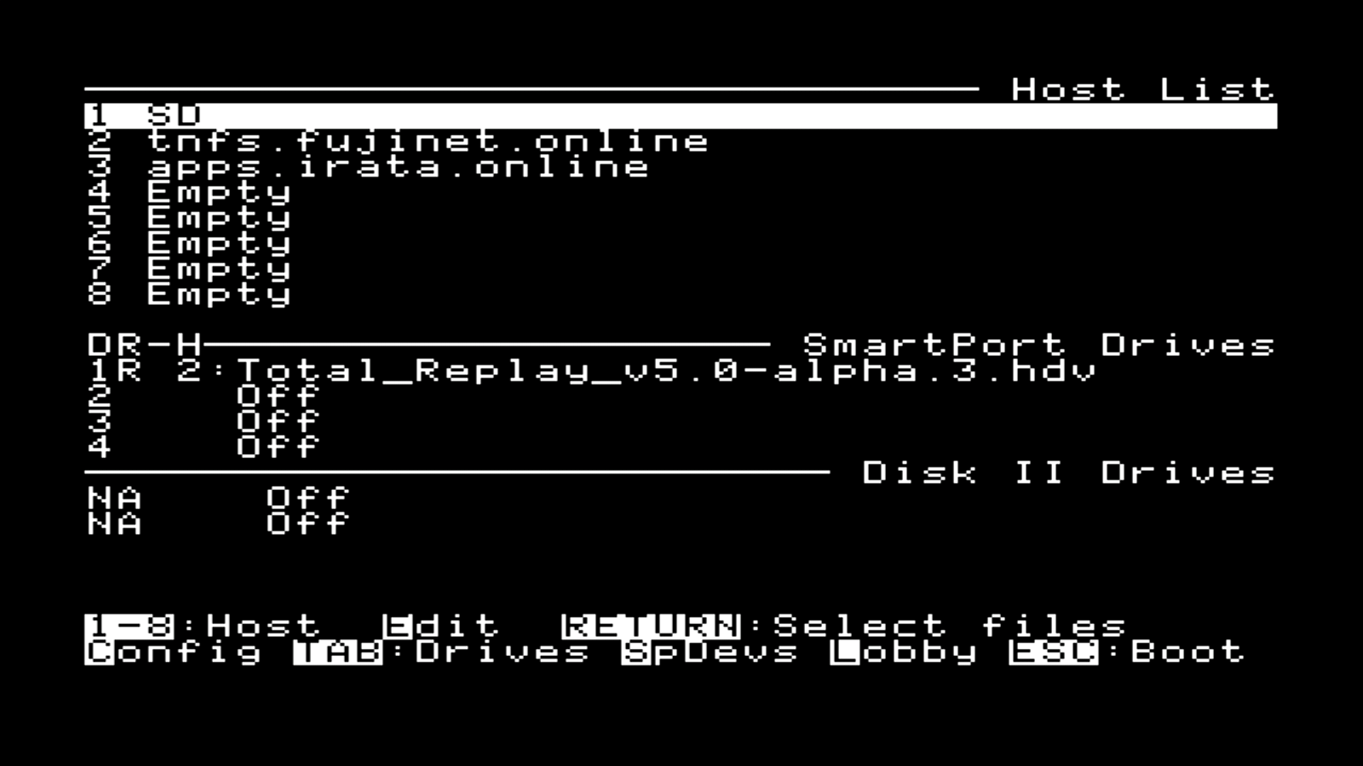 FujiNet CONFIG through the card, with the Total Replay image mounted on SmartPort drive 1.