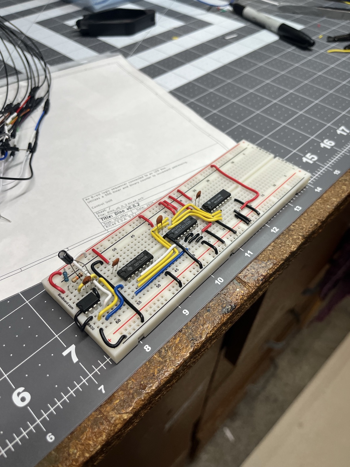 The ring counter board on top of its schematic printout: 555, '163, '138, '00.