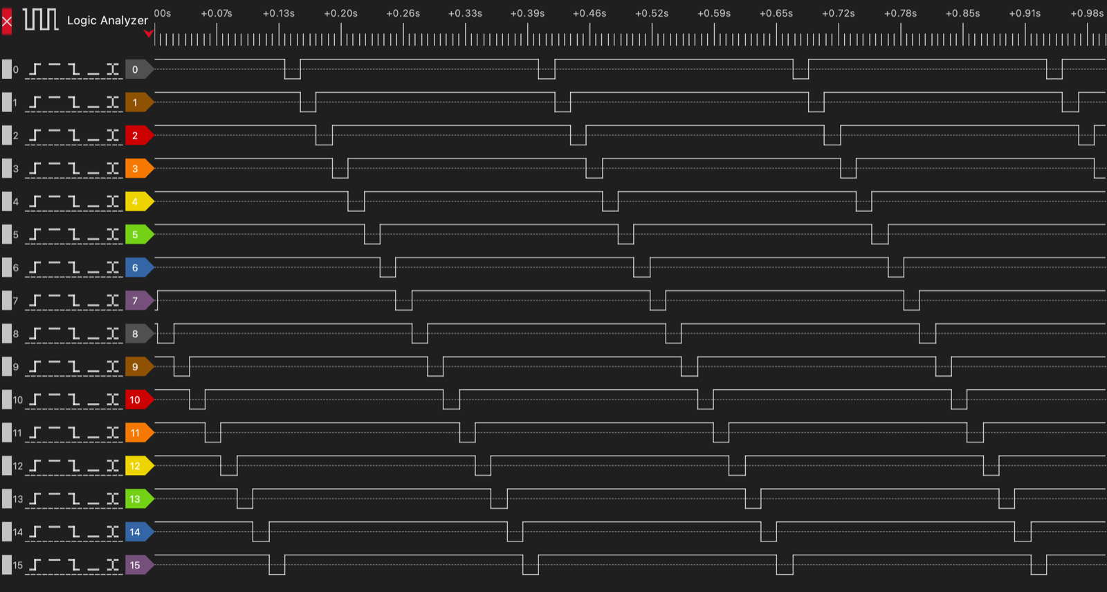 All 16 states on the LA, T0 through T15, one channel each. The '163 rolls over on its own at 16 so there is no reset gate any more.