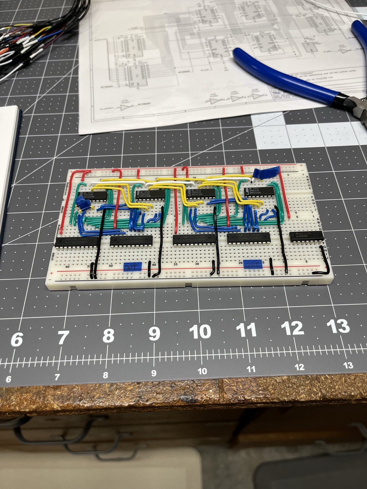 The PC board wired. Alternating input and output transceivers made every cascade stage route the same way.