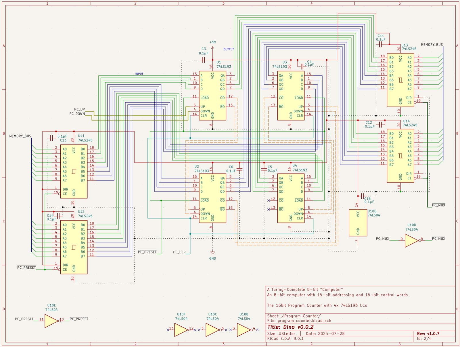 Program counter sheet, Dino v0.0.2: four 74LS193s cascaded, '245s on the load side and the output side, a '02 for the inversions.