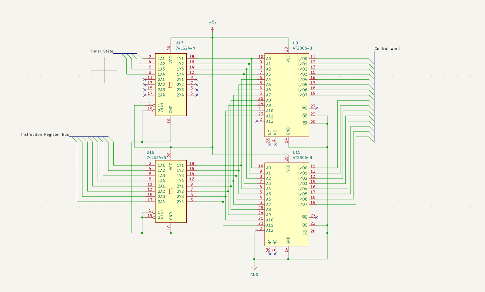 Microcode decoder sheet. Timer state and the IR bus through two '244s into the address pins of U9 and U15, a pair of AT28C64Bs, 16 control word bits out. U9 and U15 are still the microcode ROMs' designators today.