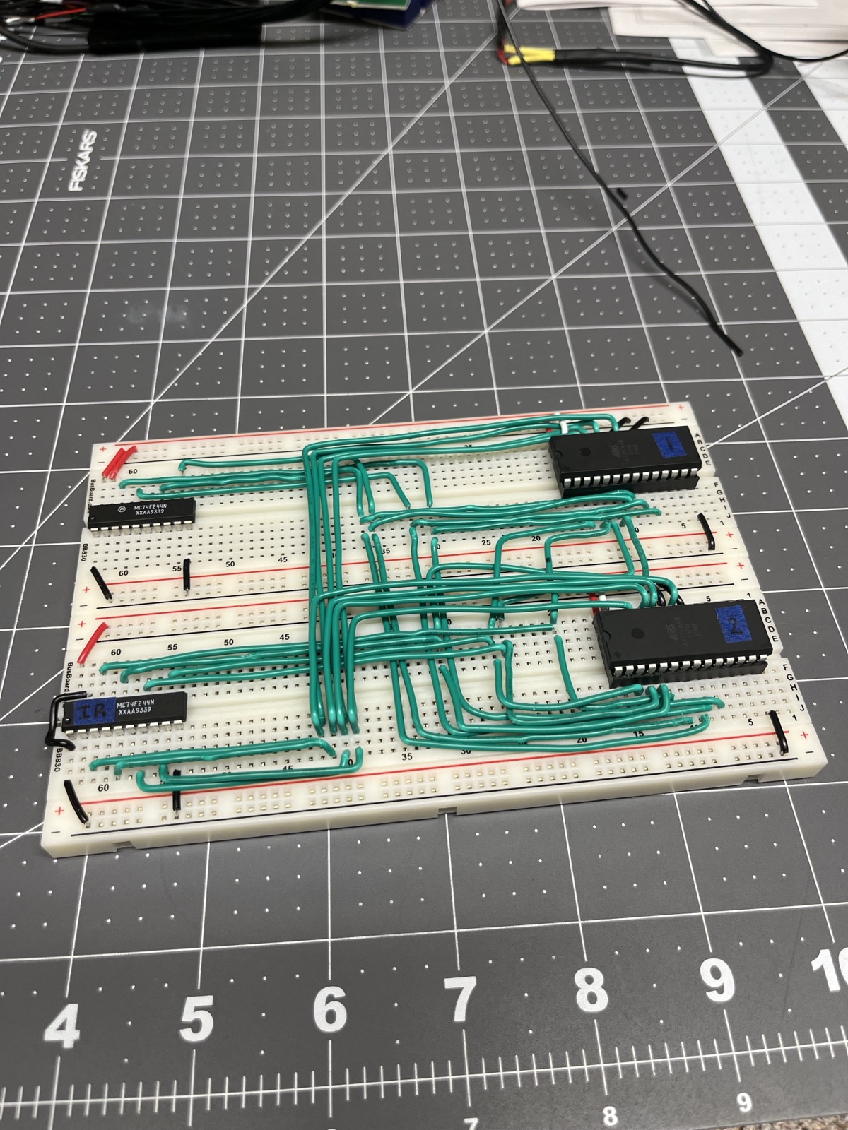 The microcode board: the two EEPROMs with their address lines bussed in green, the '244s on the left.