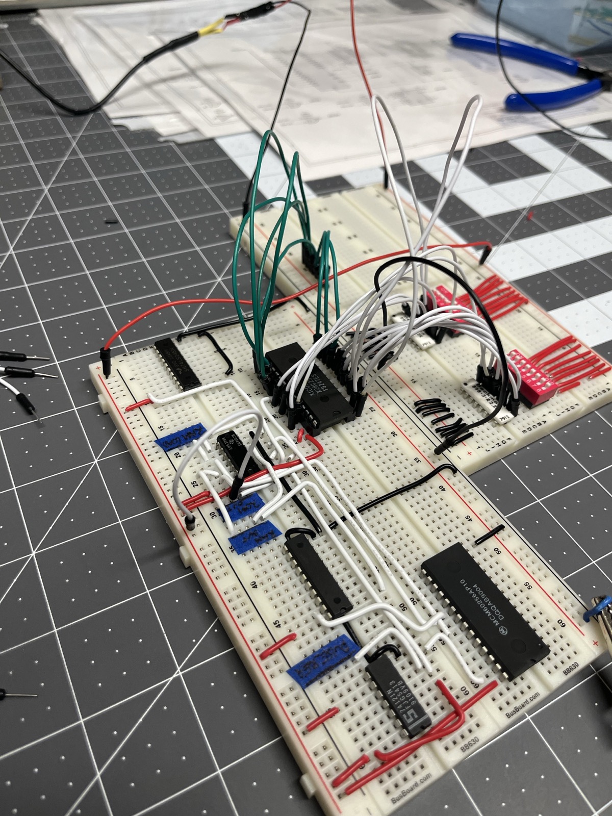 The memory board with the DIP switch address rig on the right. ROM, RAM, two '245s, the '121 and its gates.
