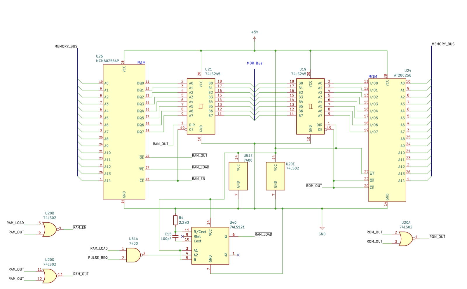 Memory sheet: the 28C256 ROM and MCM60256 RAM on a shared 16-bit address bus, a '245 each onto the MDR bus, and the 74LS121 one-shot with its 10k and 100 pF making the write pulse.