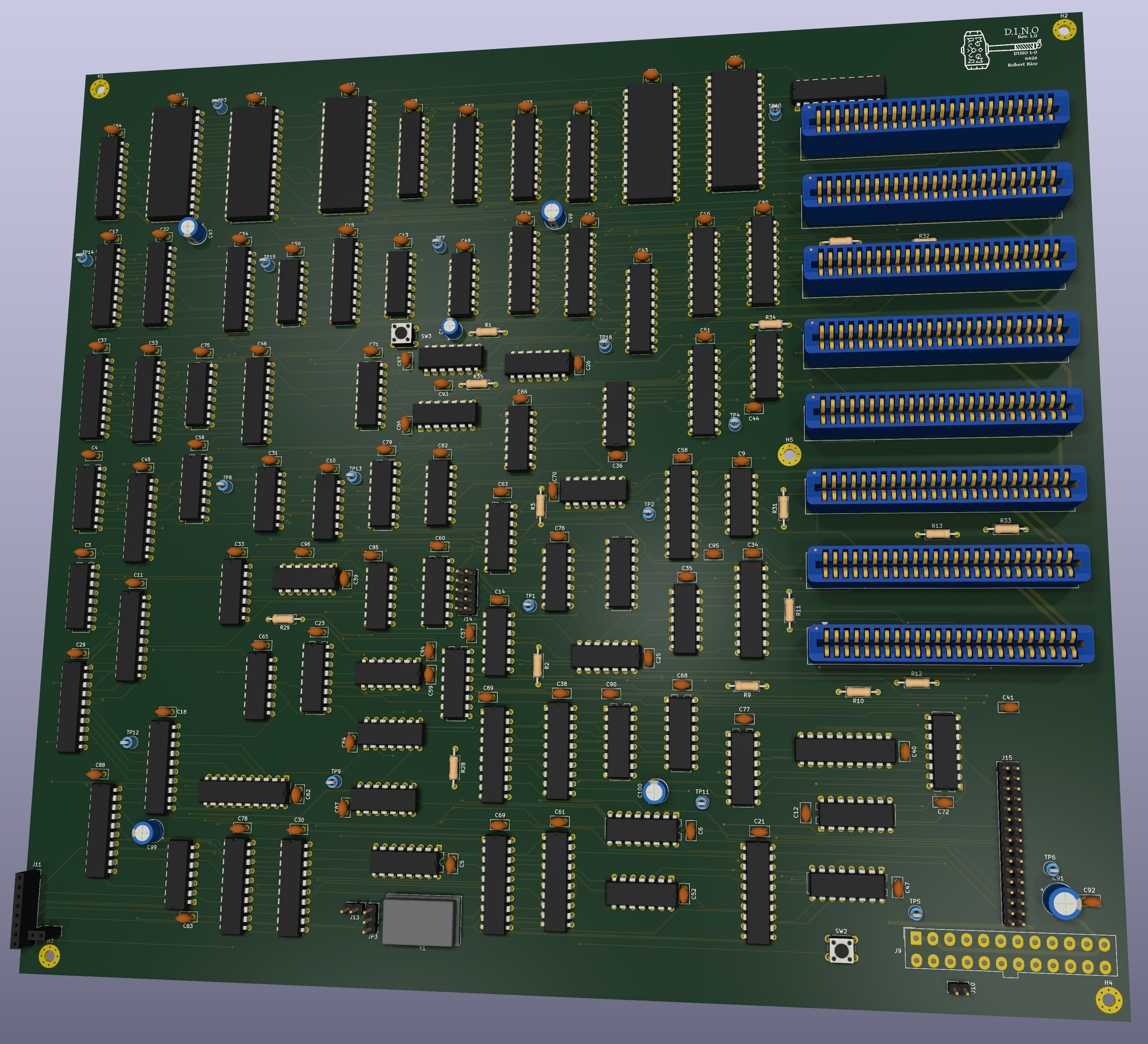 DINO Rev 1.0 as sent to PCBWay, KiCad 3D view. Eight Sullins card sockets down the right, the ATX header bottom right with the logic analyzer header J15 above it, and the clock select header J14 in the middle by U27.