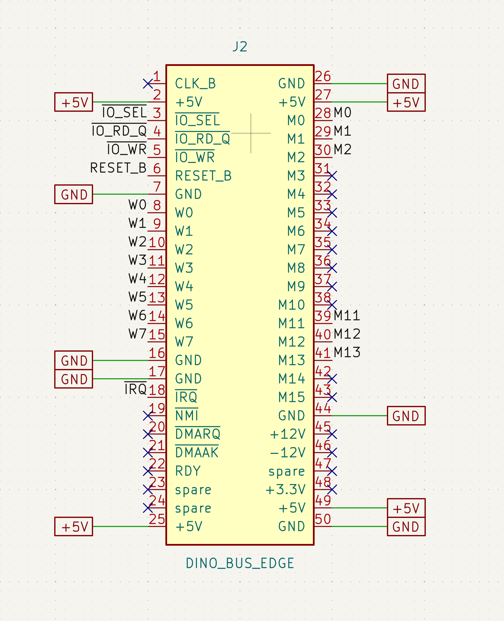 The serial card's new edge connector, J2. Each bus label the sheet already had sits on its pin; the rails are global labels and everything the card doesn't take is no-connect.