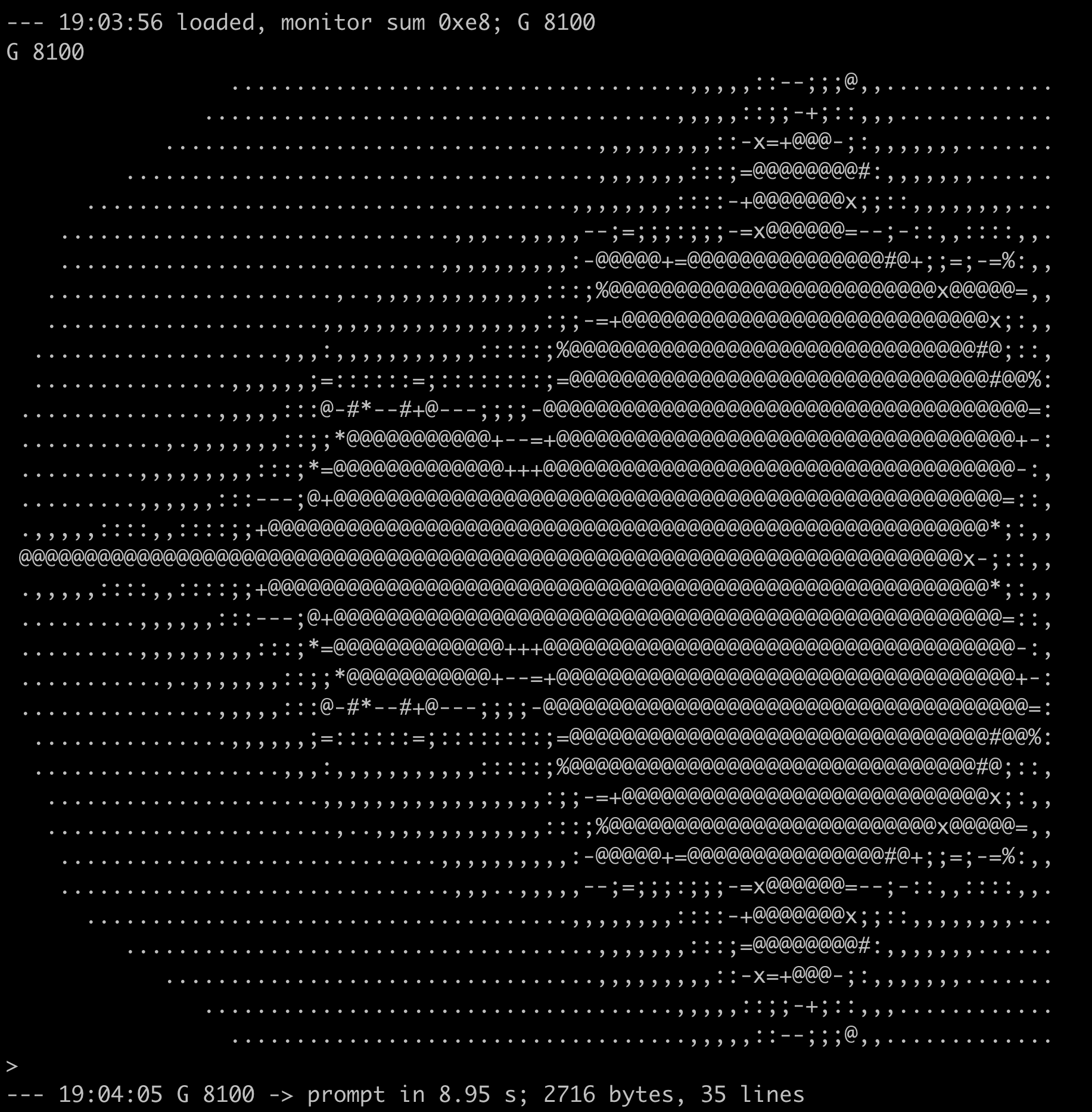 G 8100 on the FPGA twin, Versa board, 1.0 MHz CLK. 2706 bytes, identical to the reference model.