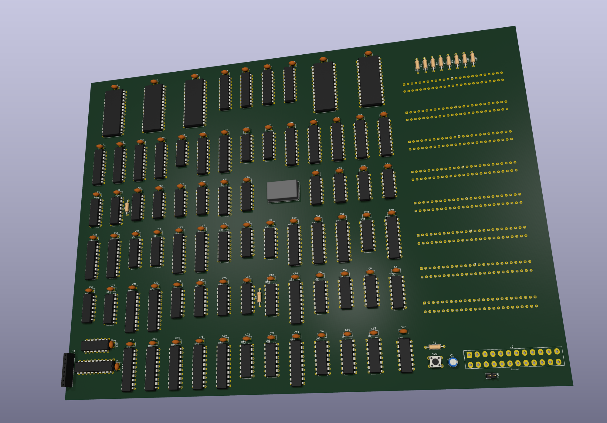 The 4-layer mainboard in KiCad's 3D view after the reroute wipe. Everything is placed and the GND and +5V planes are inside, but there are no signal tracks yet. The eight card slots run down the right edge and the ATX connector, J9, is bottom right.