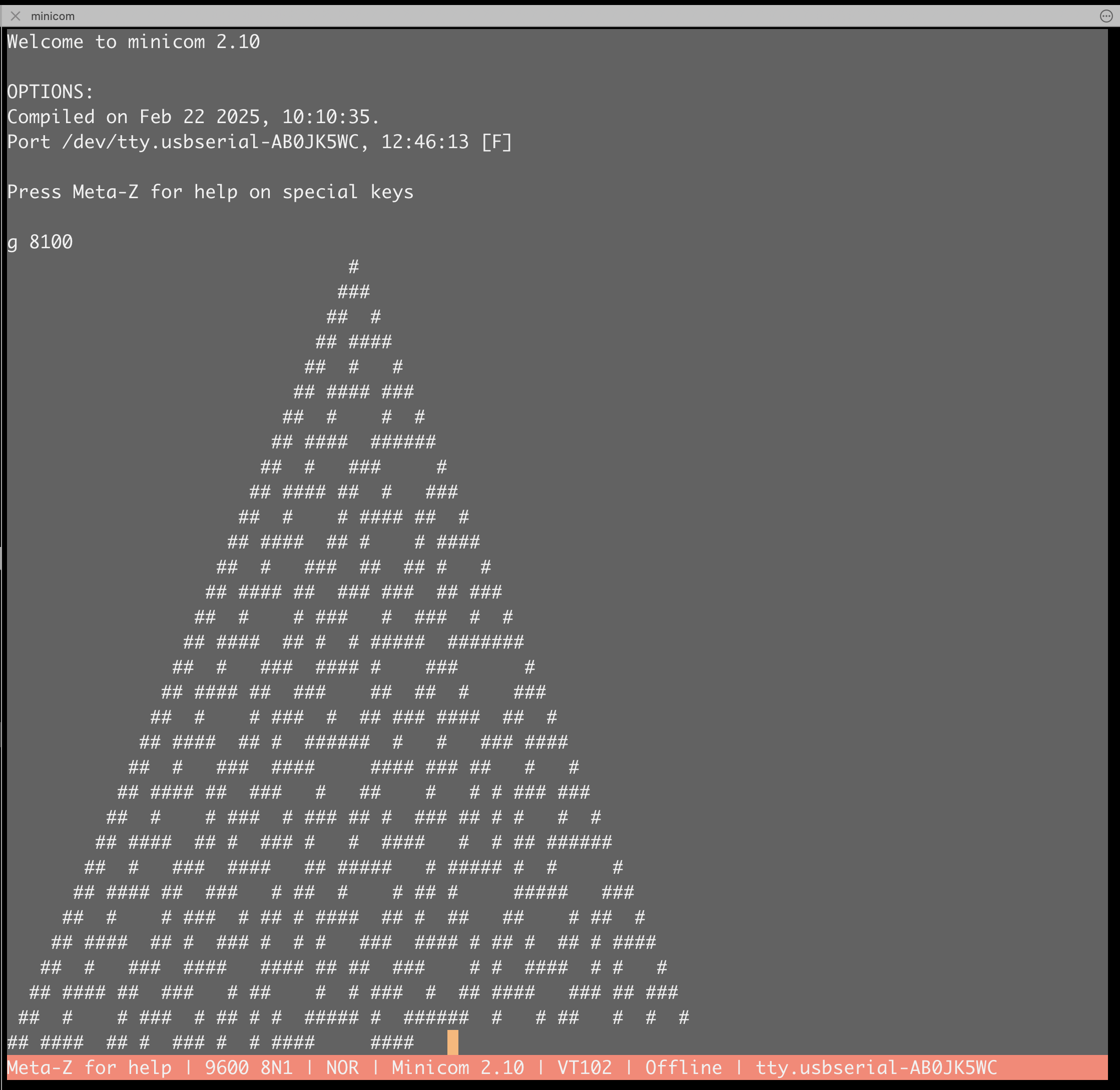 Rule 30 from a single seed, 64 cells wide, running out of RAM at 0x8100 after a serial load. First time asm/ram/life.asm got past row 0.