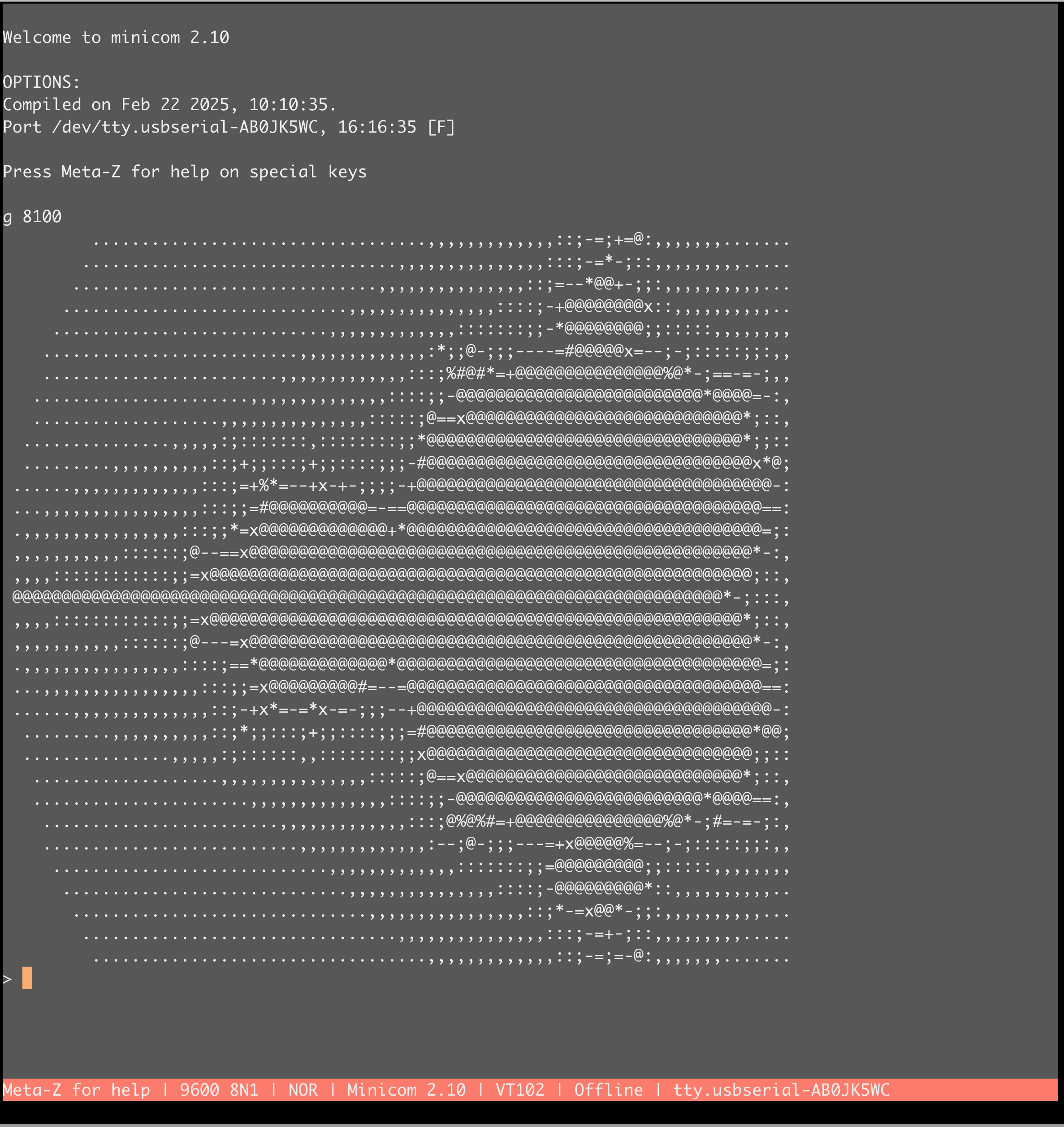 mandel88.asm, default window, on the serial terminal at 9600 baud. Same grid as the one-byte version, now in 16-bit 8.8 fixed point. 22 s at 1.024 MHz.
