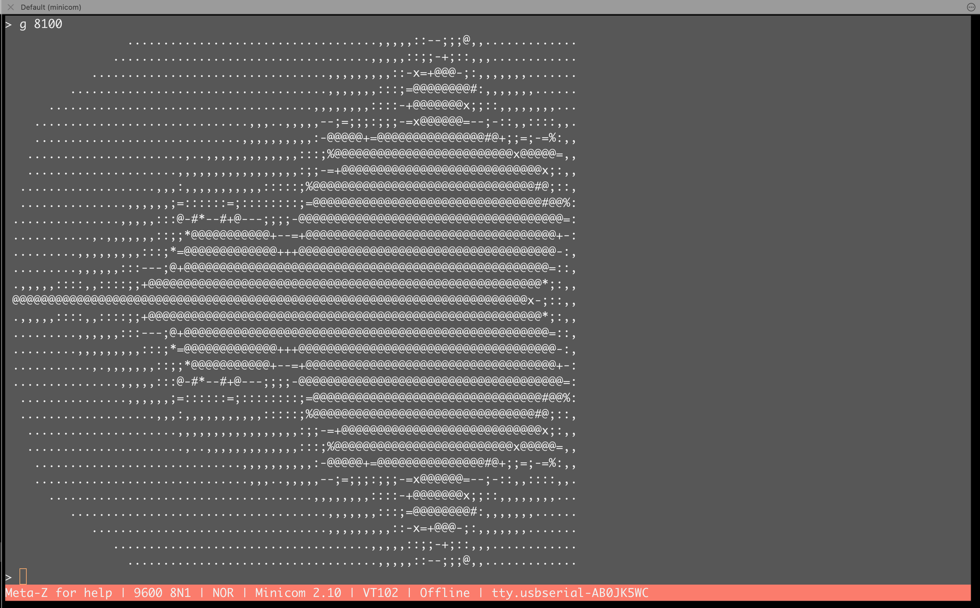 G 8100 in minicom at 9600 baud. 80 columns by 33 rows, 14 s at 1.024 MHz, and the prompt comes back at the end.
