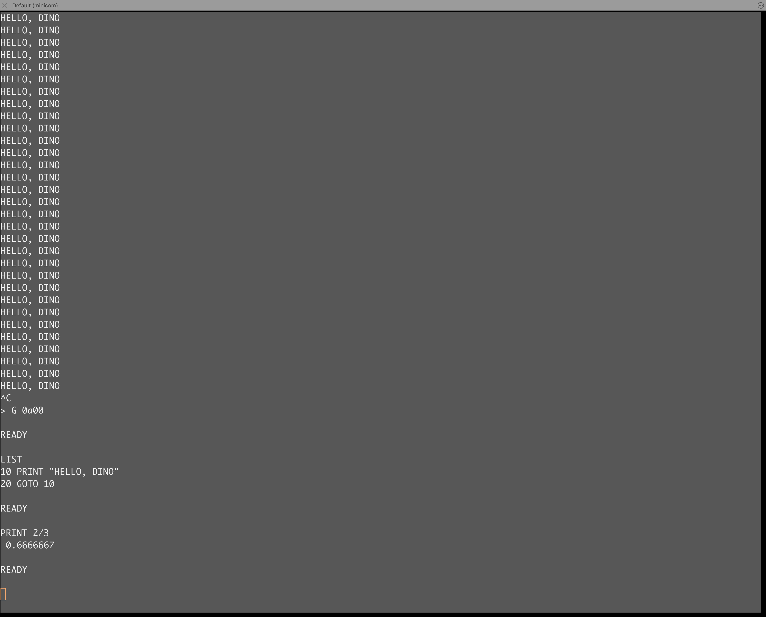 First session on the machine. A two-line HELLO loop, Ctrl-C back to the monitor, G 0a00 into BASIC again, LIST, then PRINT 2/3. The 0.6666667 matches the original running on an 8008 emulator digit for digit.