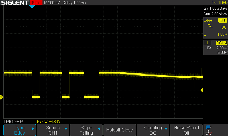 SIN at the UART pin on the character that came back wrong. Start bit, then 1110 1100 LSB first, stop bit: 0x37, exactly what the host sent. The CPU got 0x00.