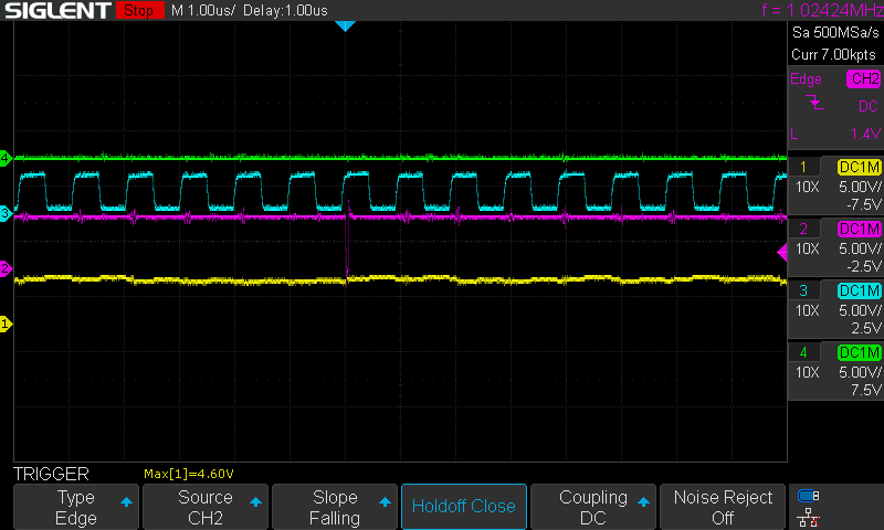 U86.19, the PUSHF buffer's enable (magenta), dropping low for about 46 ns, 68 ns after a CLK rise (cyan), during an isa run that never executes PUSHF. Before this build that decoder output drove nothing.