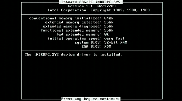 iNBRDPC.SYS 1.1 boot report on the 5271: 256k extended, 0k bad, system BIOS in 32-bit RAM.