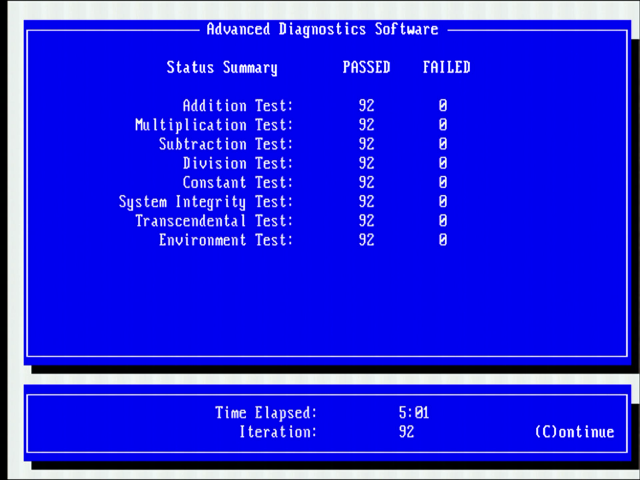 MCPDIAG after 5 minutes on the A80387DX-25: 92 passes, 0 failures on every test.