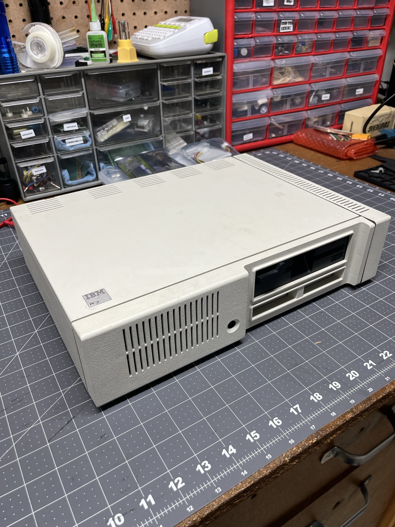 The PCjr as it came. $5 at a garage sale, no supply, keyboard or monitor.