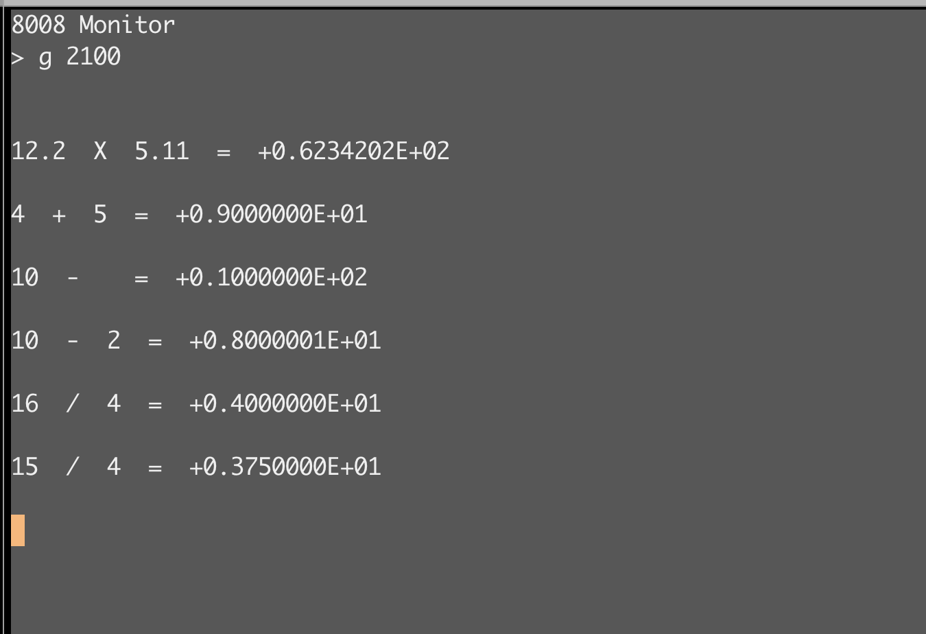 SCELBI floating-point calculator, 1974. 12.2 x 5.11 = 62.34202 through a 23-bit FP package, after the FININP page fix.