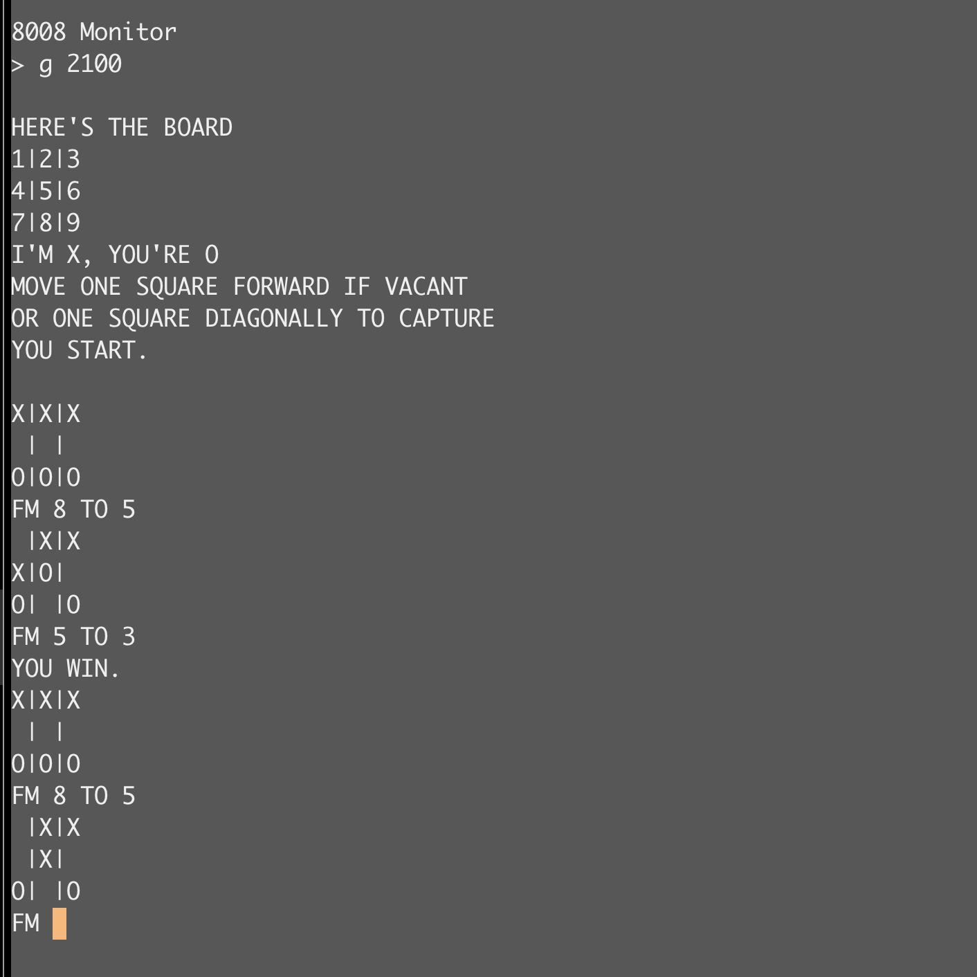 HEXPAWN from 1973, running from RAM at 2100 because it modifies its own move lists as it learns.