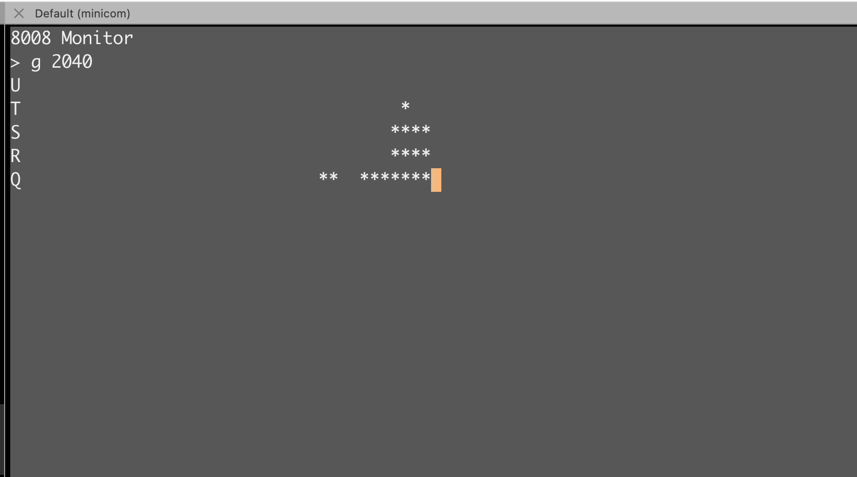 SCELBI Mandelbrot renderer loaded over serial and started with G 2040. Only change from the original was the ORG.