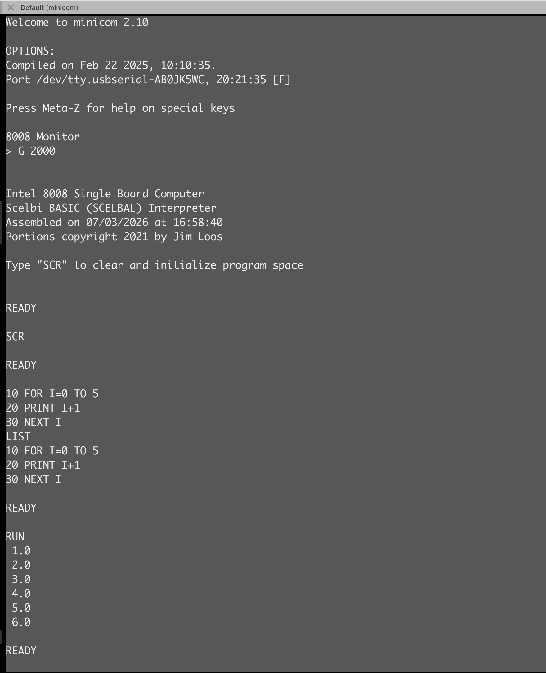 First SCELBAL run, RAM-resident, loaded through the monitor and started with G 2000. FOR/NEXT with PRINT I+1.
