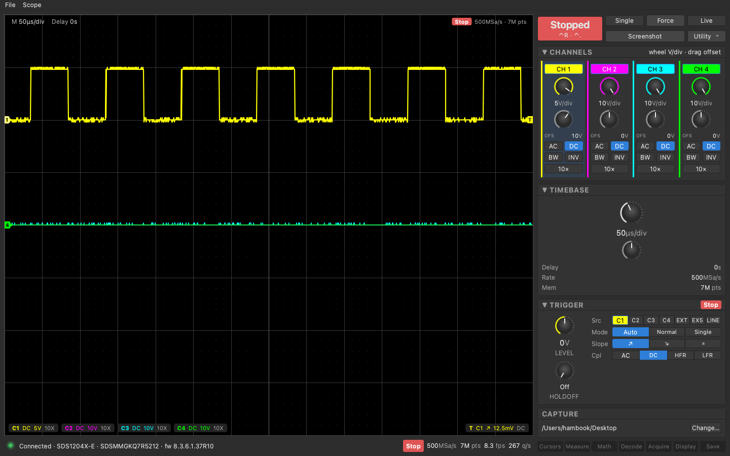The app connected to the scope. Square wave on CH1 at 50 µs/div, 8.3 fps, 267 queries a second keeping the panel in sync with the physical knobs.