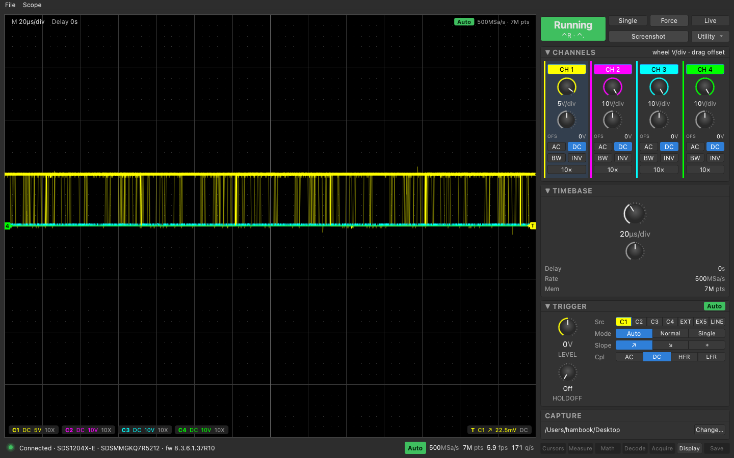Infinite persistence with the trigger free-running. Every past sweep stays as the yellow band, the live sweep on top.