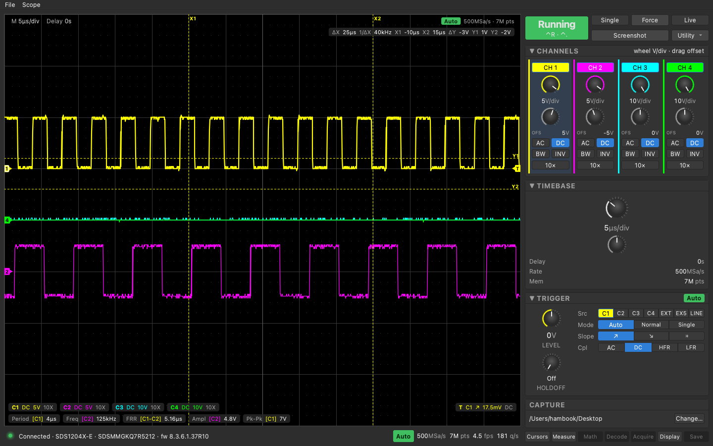 v0.4 headless capture: Manual X-Y cursors on CH1, readout chip from CRVA?, five measurement pills under the plot.