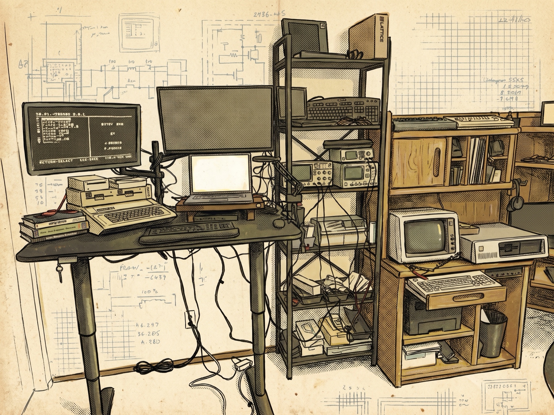 The lab, drawn: Apple IIe with disk drives on a standing desk, laptop and monitor, shelf of test gear, IBM PC on the desk next to it, blueprint doodles on the wall