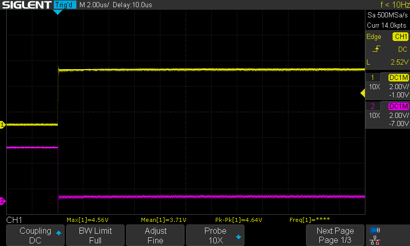 status 12 then status 14, 2 us/div. Yellow: CA0 (CN104 pin 2). Magenta: RD (pin 16), dropping from SIDES = 1 to DRVIN = 0. The scope measures 27 ns between them.