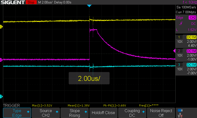 Pico USB plugged back in, 2 us/div. LSTRB goes to 5 V for about 1.3 us as 3V3 passes about 1 V, then decays through the 10k pull-down. /ENBL stays high.