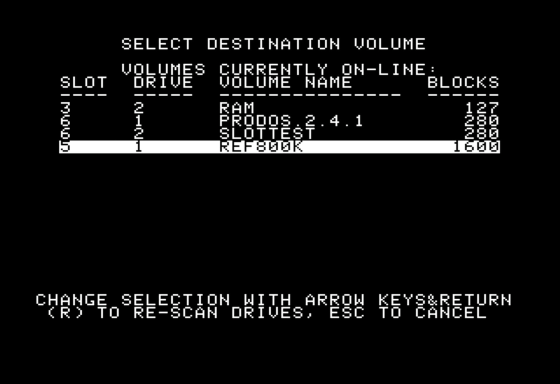 After the swap: the working UniDisk shows up again on slot 5, drive 1, /REF800K at 1600 blocks.