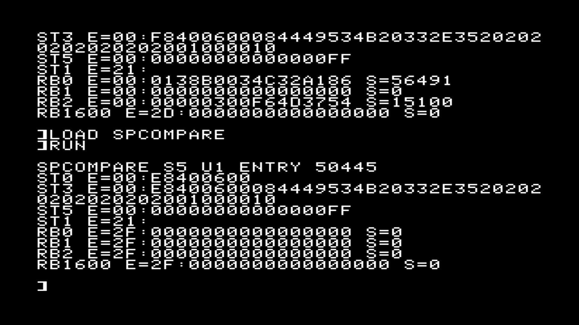 SPCOMPARE on the working UniDisk: disk in (top), then the drive empty (bottom).