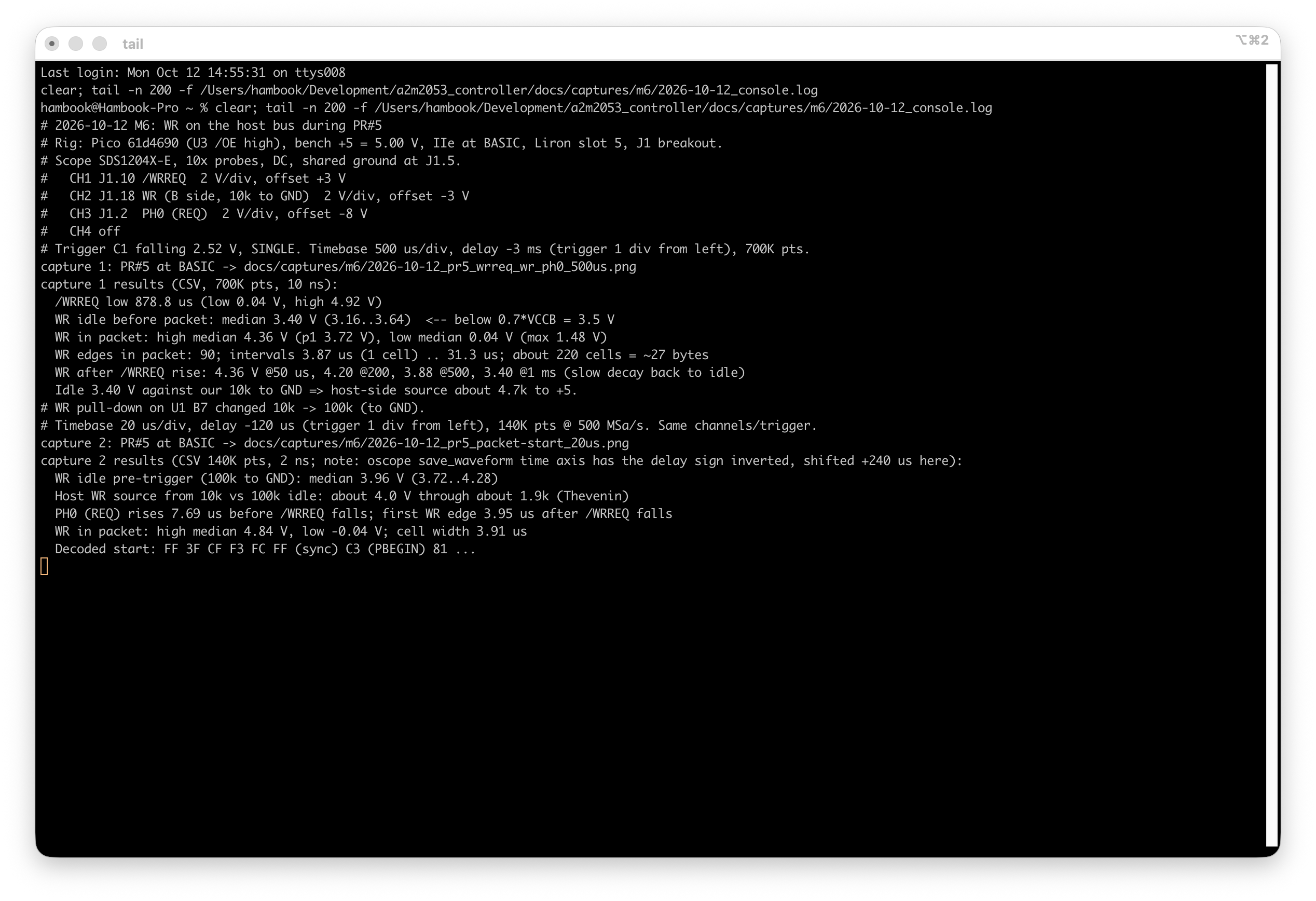 The bench console log for both captures: scope setup, WR levels, packet timing and the first decoded bytes.
