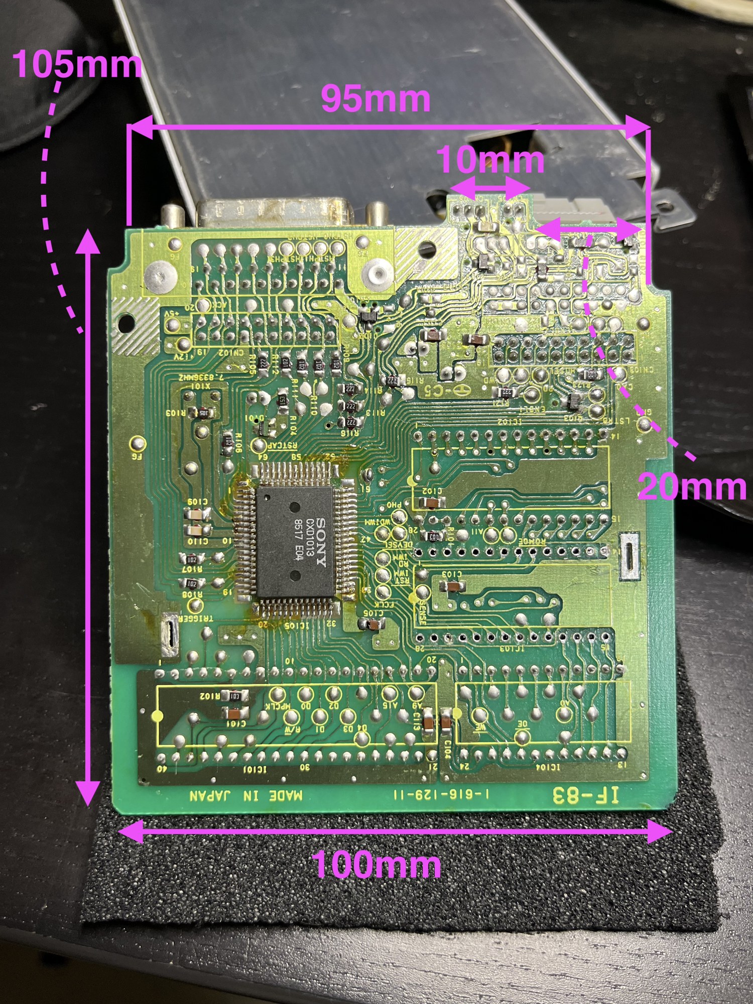 The IF-83 from the solder side with my first ruler numbers. Several were off, the tab width by 5.5 mm.