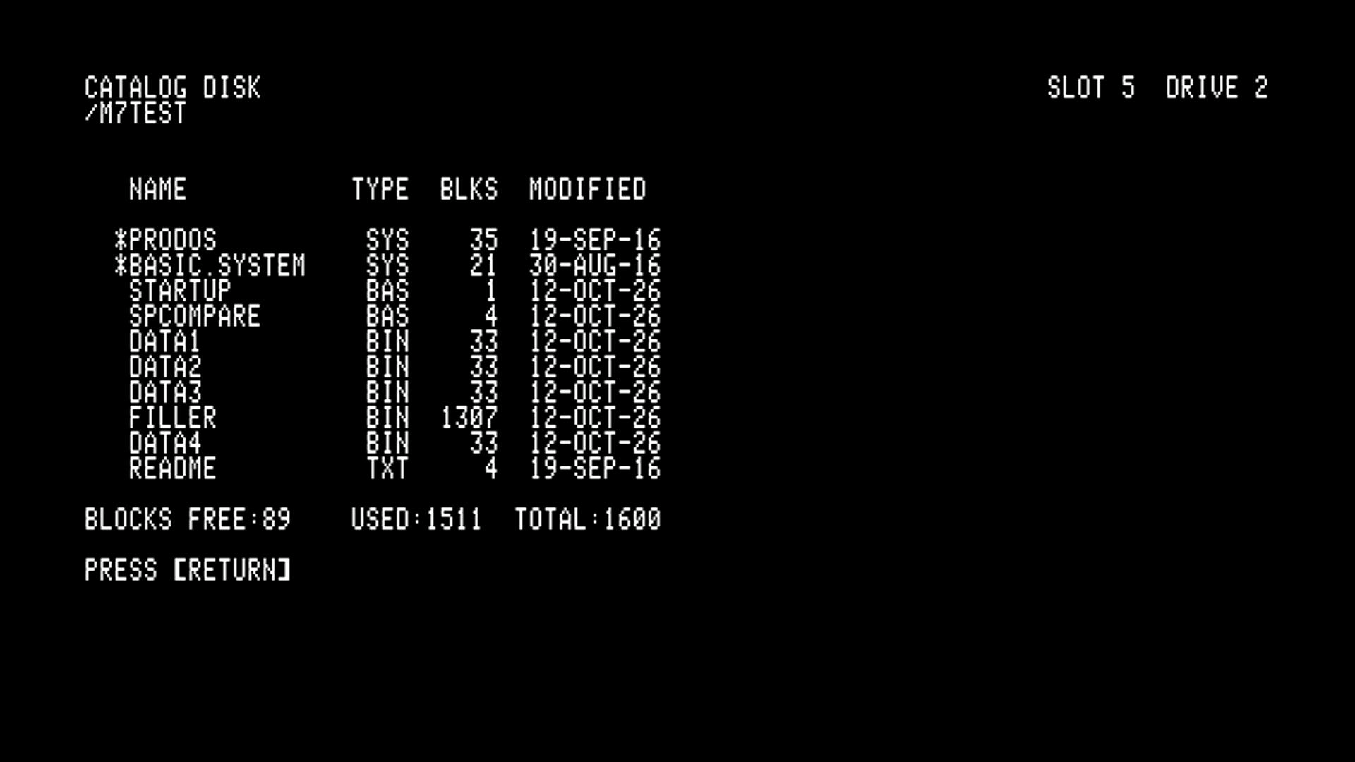 Copy II Plus catalog of slot 5 drive 2, the UniDisk behind my board, after copying /M7TEST onto it.